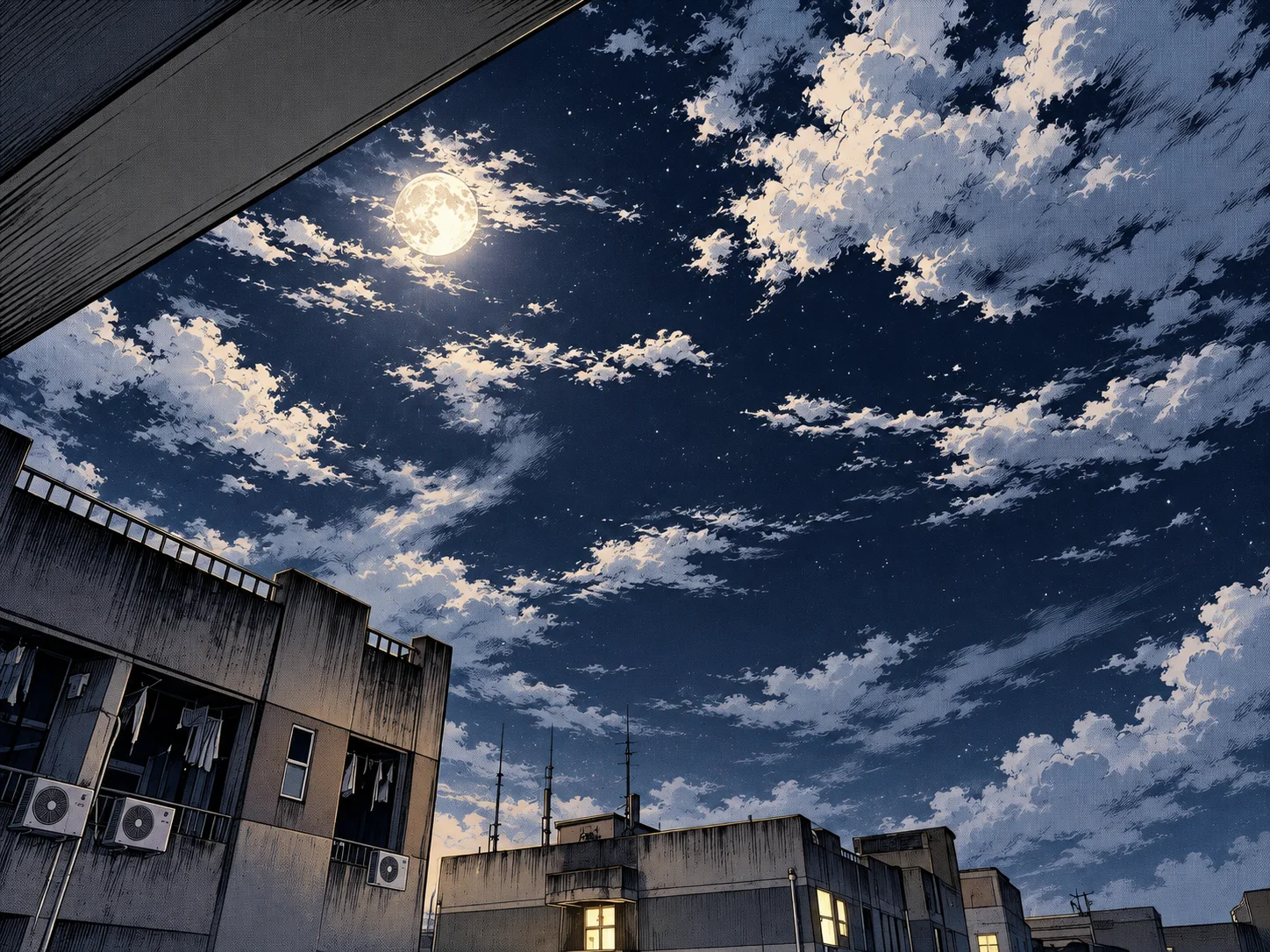 明月照亮云层与城市楼顶的夜空